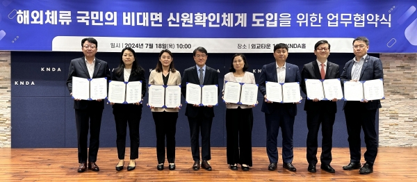 18일 한국인터넷진흥원, 디지털플랫폼정부위원회, 재외동포청, 국민은행, 비바리퍼블리카, 신한은행, 우리은행, 하나은행 등 8개 기관은 외교타운 KNDA홀에서 해외 체류 국민의 비대면 신원확인체계 도입을 위한 업무협약(MOU)을 체결했다.(왼쪽부터) 우리은행 김동성 본부장, 비바리퍼블리카 안미영 센터장, 한국인터넷진흥원 김정희 본부장, 재외동포청 김연식 센터장, 디지털플랫폼정부위원회 주경애 과장, 국민은행 박형주 상무, 하나은행 정재욱 본부장, 신한은행 김준환 상무