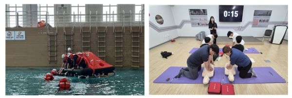 6일 경기평택항만공사(사장 김석구)는 경기해양안전체험관에서 거북섬마리나와 제부마리나 근무직원을 대상으로 안전교육을 실시했다. 사진은 구명뗏목 탑승 훈련과 심폐소생술 교육을 받고 있다.