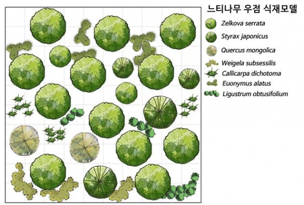 한국수목원정원관리원에서 2023년에 개발한 느티나무 중심 탄소흡수 다층식재 모델