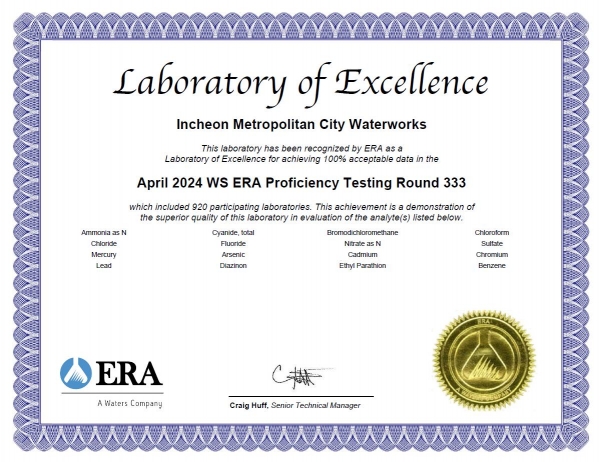 인천시 상수도사업본부는 미국 환경자원협회(ERA, Environmental Resource Associates)에서 진행한 2024년 국제숙련도 평가에서 최우수 분석기관으로 선정됐다고 밝혔다.