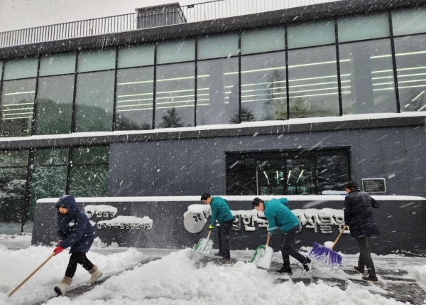 28일 강원도 평창군 일대에 대설이 내리고 있는 가운데 한국수목원정원관리원 심상택 이사장과 임직원들이 국립한국자생식물원에서 한파 대비 제설작업을 펼치고 있다.