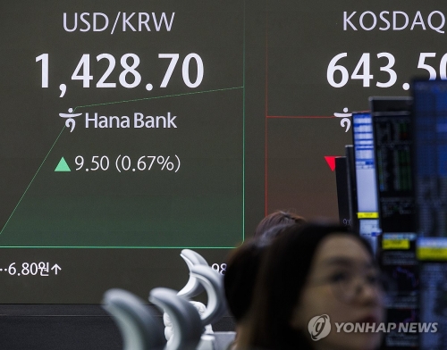 지난 9일 오전 서울 중구 하나은행 본점 딜링룸 전광판에 이날 거래를 시작한 원/달러 환율이 표시돼 있다. 이날 코스피와 코스닥은 하락 출발했고, 원/달러 환율은 8원가량 오른 1420원대 후반에서 거래되고 있다.