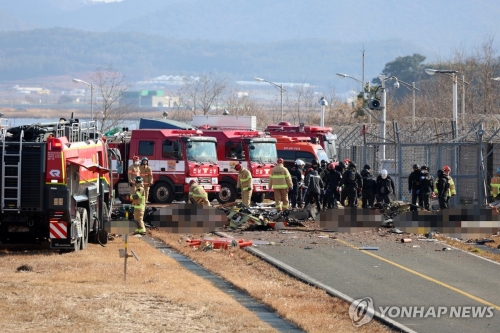 29일 오전 전남 무안국제공항에서 착륙 중이던 항공기가 활주로를 이탈해 울타리 외벽을 충돌했다. 사진은 사고 현장에서 소방 당국이 인명 구조를 하는 모습.