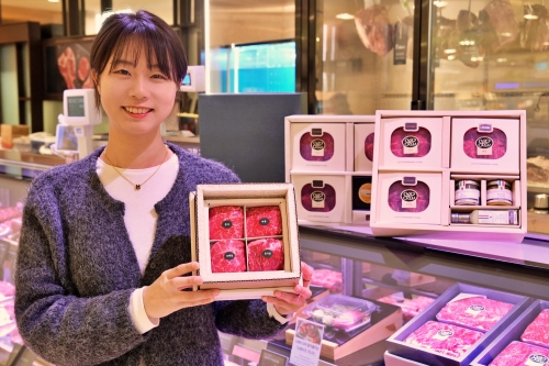 '한우 미식 미트 샘플러'를 들고 있는 모델.