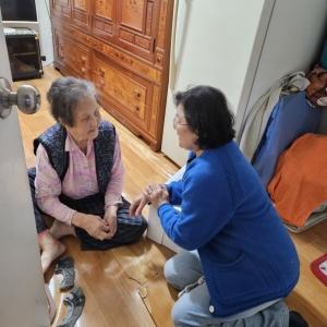 ▲ '우리동네 돌봄단'이 어르신 가정을 방문해 안부 확인을 하는 모습 [사진= 성동구 제공]