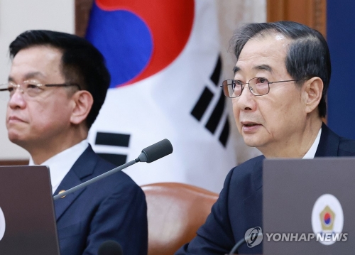 한덕수 대통령 권한대행 국무총리(오른쪽)가 25일 정부서울청사에서 열린 국무회의에서 발언하고 있다.