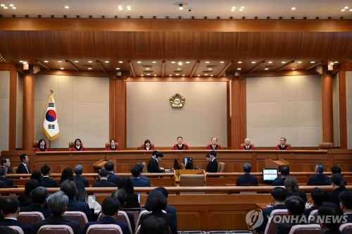 윤석열 대통령 탄핵심판 선고 기일인 4일 서울 종로구 헌법재판소 대심판정에 헌법재판관들이 입장해 있다.