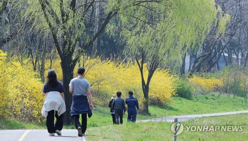 완연한 봄 날씨를 보인 10일 인천 연수구 승기천 둔치에서 시민들이 싱그러운 봄기운 속에 산책하고 있다