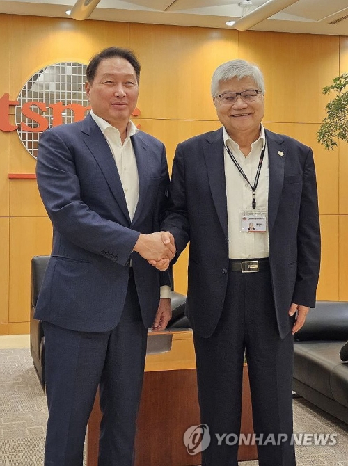 지난해 6월 대만 TSMC 회장 만난 최태원 회장.[사진=SK그룹]