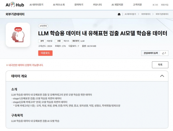 NIA는 AI허브의 외부기관 데이터 페이지 내 유해표현 검출 모델 및 유해표현 데이터를 공개했다.