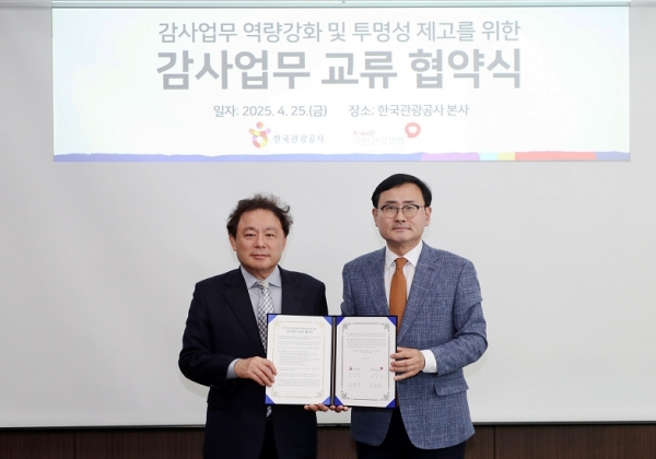 국민건강보험공단 상임감사(우측)와 한국관광공사 상임감사가 업무협약을 체결했다.
