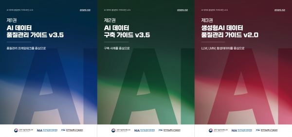 AI 데이터 품질관리 가이드라인 v3.5는 3권으로 구성되어 있다(왼쪽부터 1권, 2권, 3권)-(사진제공=한국지능정보사회진흥원(NIA))