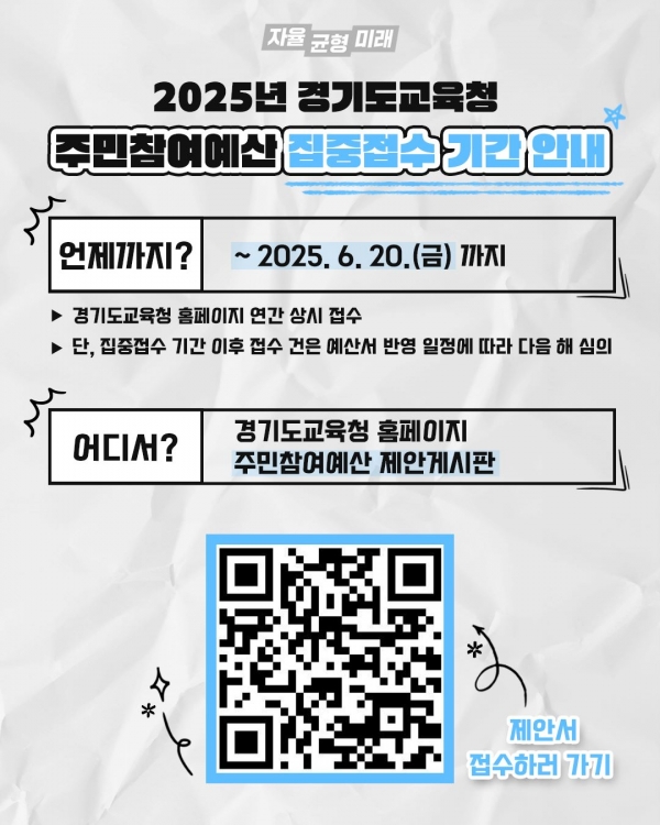 경기도교육청(교육감 임태희)이 6월 2일부터 20일까지 '2025년 경기도교육청 주민참여예산 제안서 집중접수'를 운영한다.