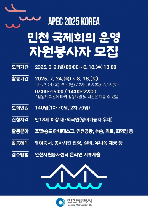 인천시, 'APEC 국제회의 자원봉사자' 140명 공모