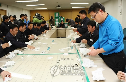 23일 금속노조 현대차지부 사무실에서 올해 임단협 잠정합의안에 대한 찬반투표의 개표가 진행되고 있다.