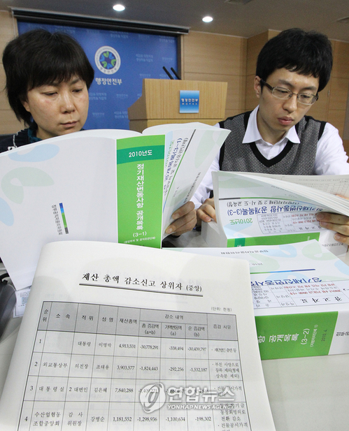정부공직자윤리위원회(위원장 이상배)가 2일 서울 세종로 정부중앙청사에서 공직자윤리법 제10조의 규정에 따라 관할 재산공개대상자인 국가 정무직, 고위공무원단 가등급 등 공직자 1천851명의 2010년도 재산변동신고내역을 공개했다. 대상자의 평균 신고재산 총액은 12억8천400만원이고 전년 신고액보다 평균 1천200만원이 감소한 것으로 나타났다