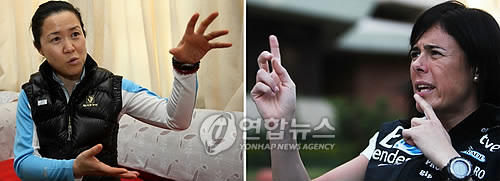 여성 최초 히말라야 8천m 14좌 완등 타이틀을 놓고 경쟁하는 한국의 오은선(왼쪽)과 스페인의 에두르네 파사반이 지난달 7일과 9일 카트만두에서 별도의 기자회견을 갖는 모습