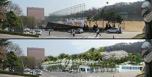 서울 중구 장충동 동국대학교 운동장과 수영장 지하에 복합 교육시설을 짓고 지상에는 공원을 조성하는 방안이 본격화된다. 사진은 개발 전 동국대 운동장(위)과 개발 후 예상도.