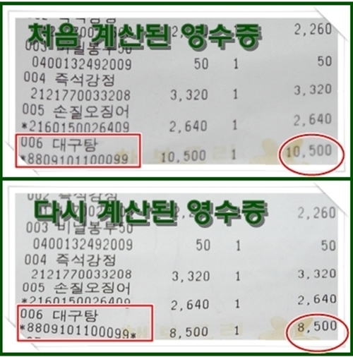 한 네티즌 (ID : 알럽은채)이 자신의 홈페이지에 게재한 허위가격표기 영수증