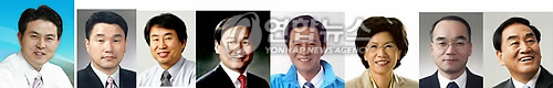 이명박 대통령은 8일 오후 김태호 국무총리 후보자 등 신임 개각인사를 단행했다. 왼쪽부터 김태호 국무총리 후보자, 이주호 교과, 신재민 문화, 유정복 농림, 이재훈 지경, 진수희 복지, 박재완 고용, 이재오 특임장관 후보자.