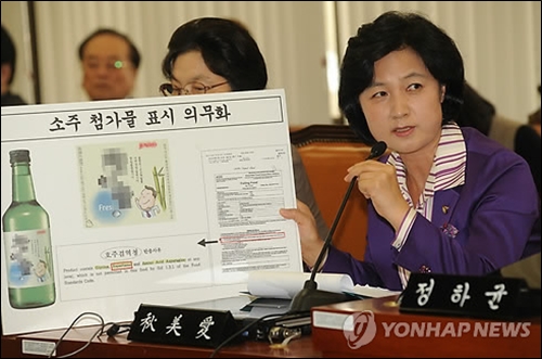 민주당 추미애 의원이 7일 국회 보건복지위에서 열린 식품의약품안전청 국정감사에서 소주의 감미료로 사용되는 아스파탐과 스테비오사이드 등의 유해성 논란 첨가물의 표시 의무화에 대해 질의하고 있다.